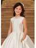 Beaded Neck Ivory Lace Box Pleated Satin Flower Girl Dress